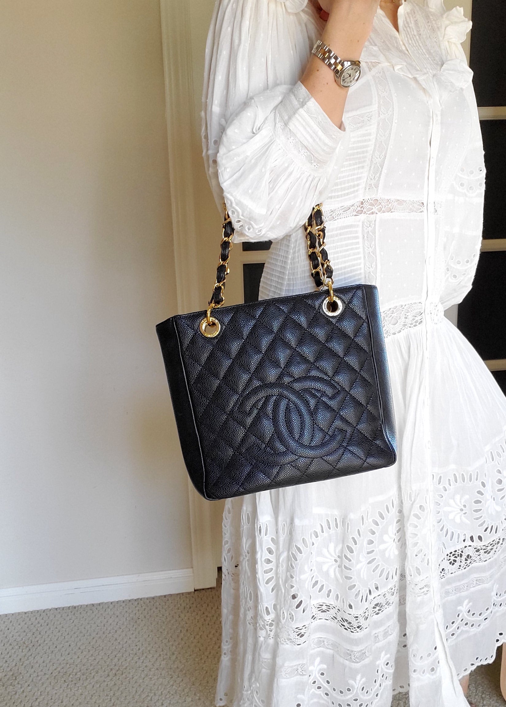 CHANEL Noir Caviar Petit Quilted Shopping PST Cabas