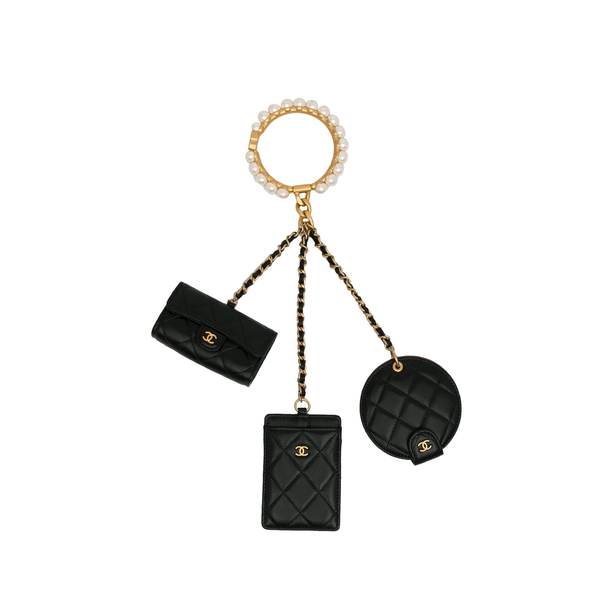 Noir Chanel Lambskin Pearl Crown CC Wristlet Multi Pouches Pochette Bag