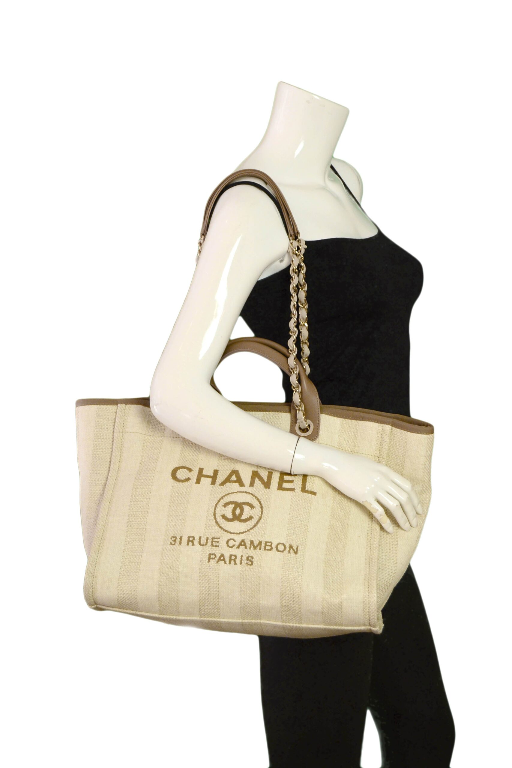 Chanel Grand cabas Deauville rayé en fibres mélangées Beige