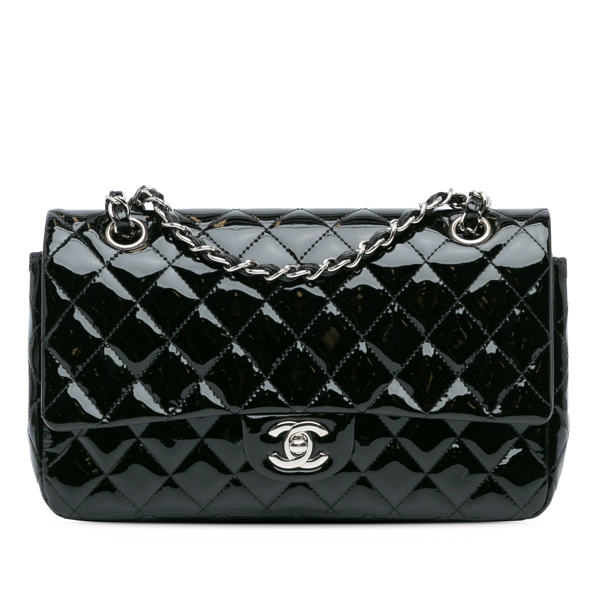 Noir Chanel Moyen Classic Patent Double Flap Sac bandoulière