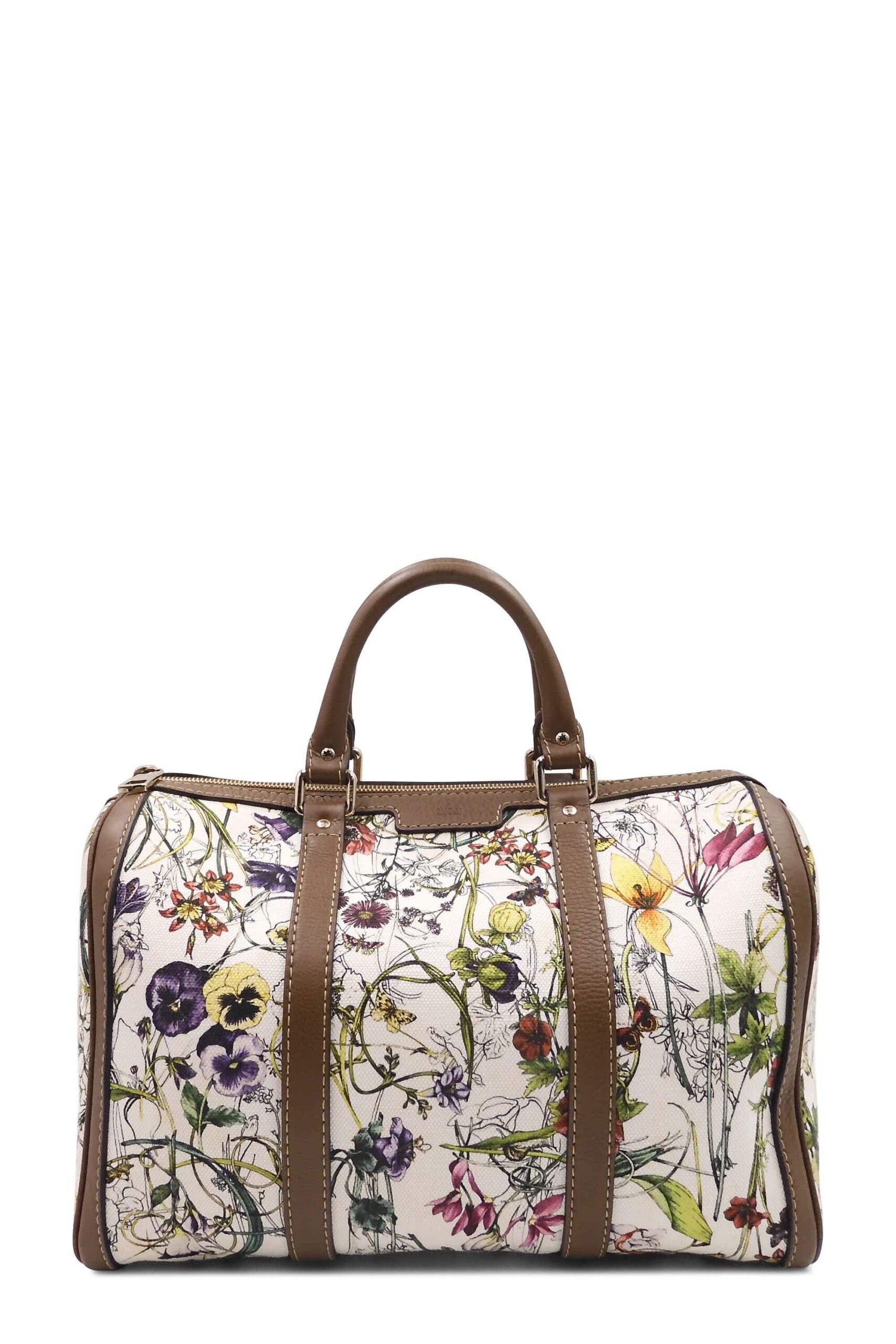 Floral Canvas Boston Bag Blanc Marron
