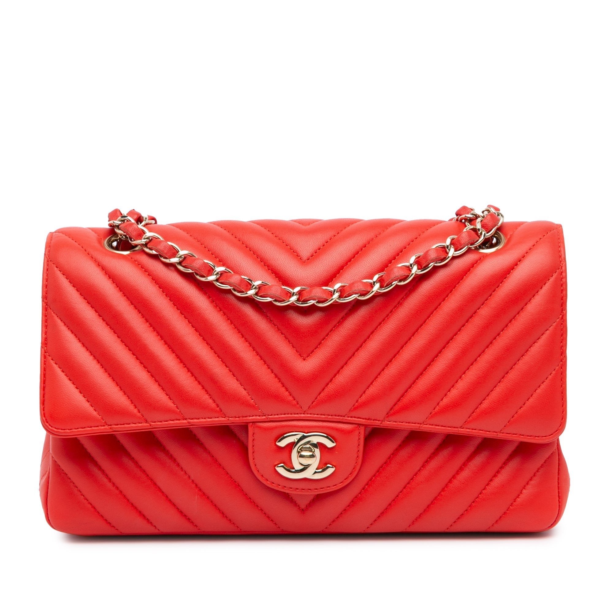 Sac bandoulière Double Flap Chanel Medium Classic Chevron en agneau Rouge