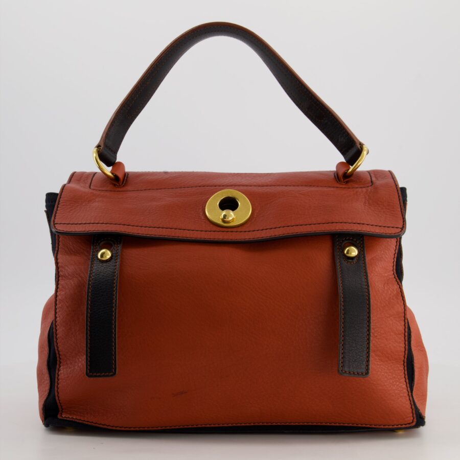 Yves Saint Laurent Red and Black Muse Two Bag in Grained Cognac Leather and Gold Hardware | Studio Nafay
