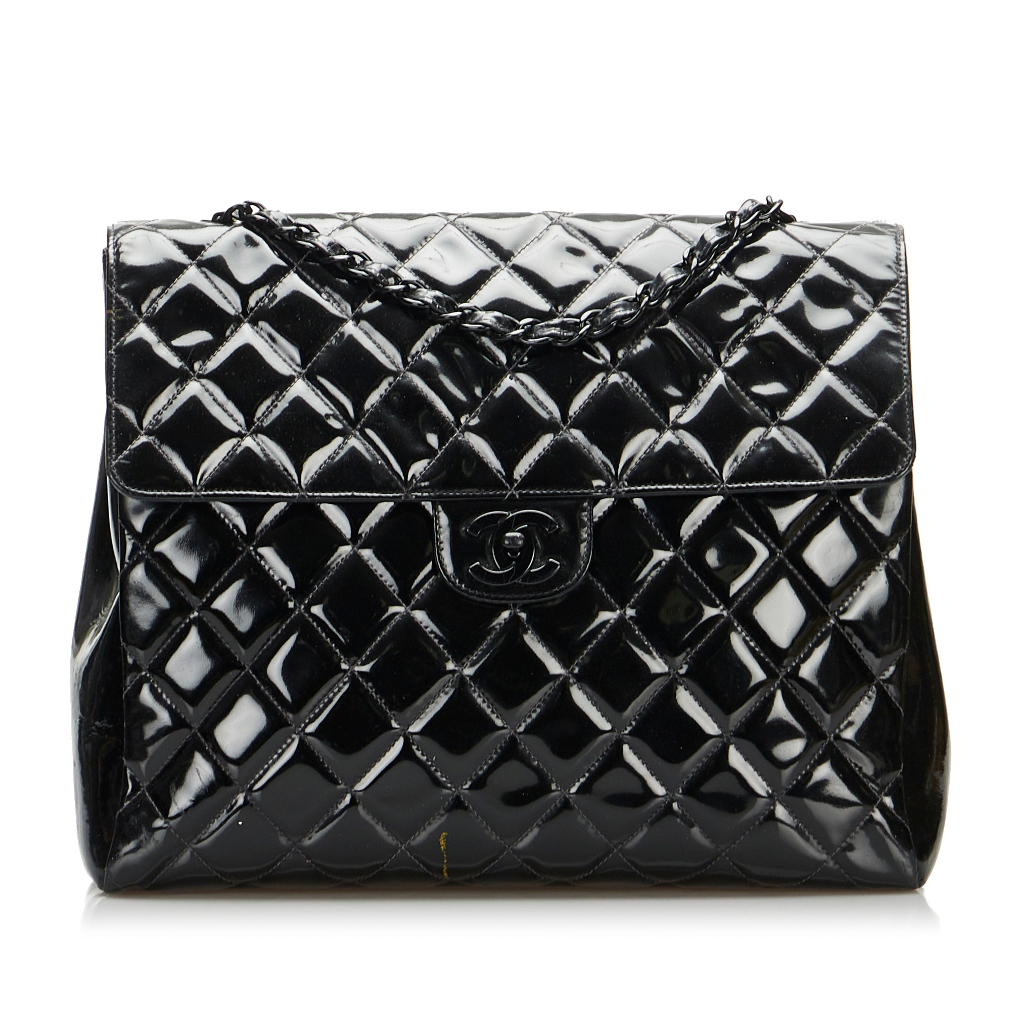 Sac à rabat simple Matelassé en cuir verni Noir Chanel So Black