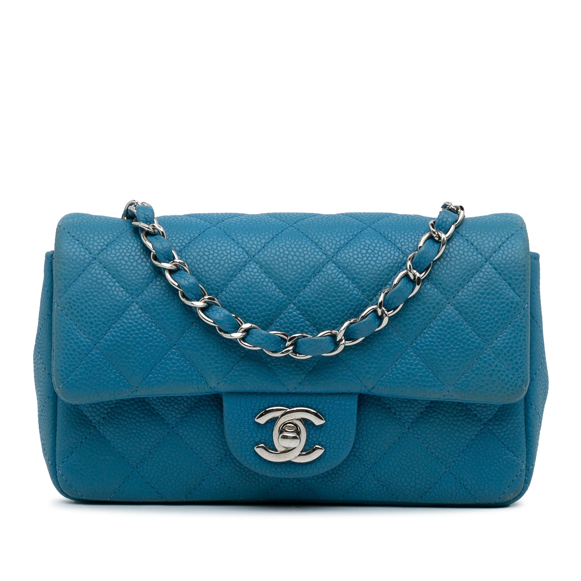 Mini sac bandoulière Chanel Classic rectangulaire à rabat simple en cuir Caviar Bleu